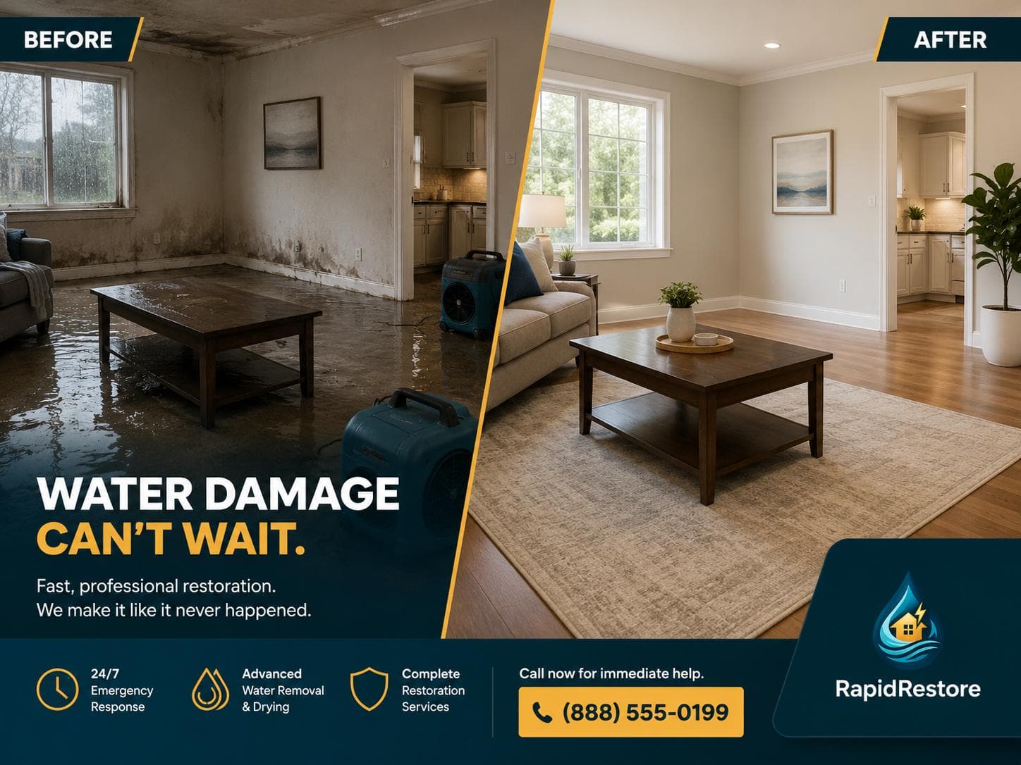 Before and after example of water damage restoration work